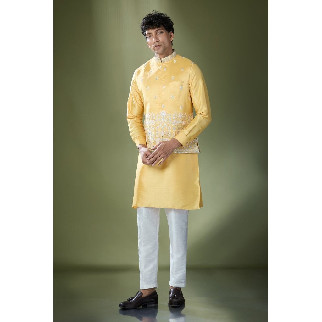 Yellow Embroidered Kurta-Jacket Set