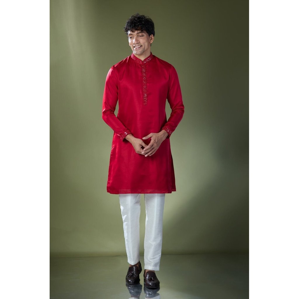 Cherry Red Mirror Embroidered Kurta