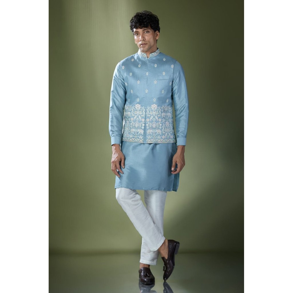 Blue Embroidered Kurta-Jacket Set