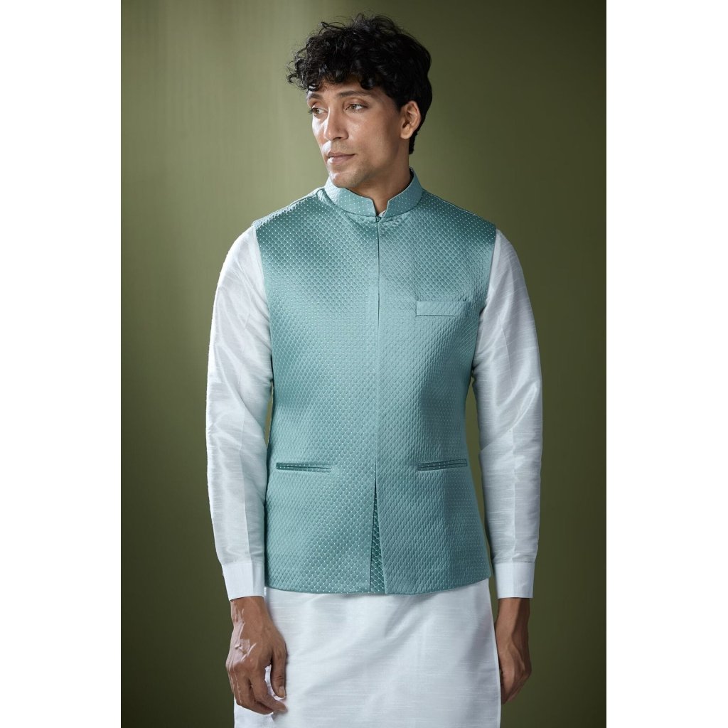 Teal Blue Quilted Kurta-Jacket Set