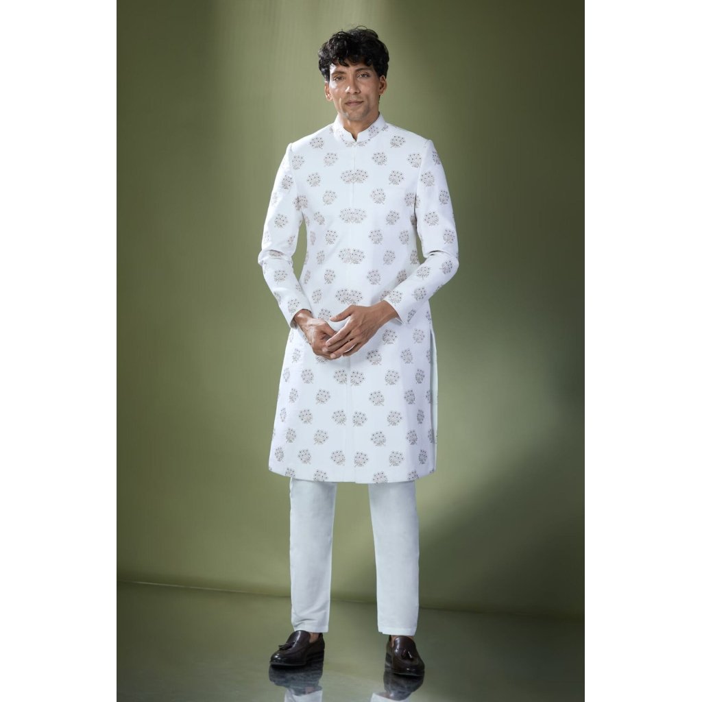 Off White Embroidered Achkan Set