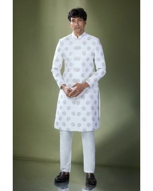 Off White Embroidered Achkan Set