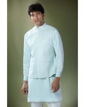 Aqua Blue Embroidered Kurta-Jacket Set