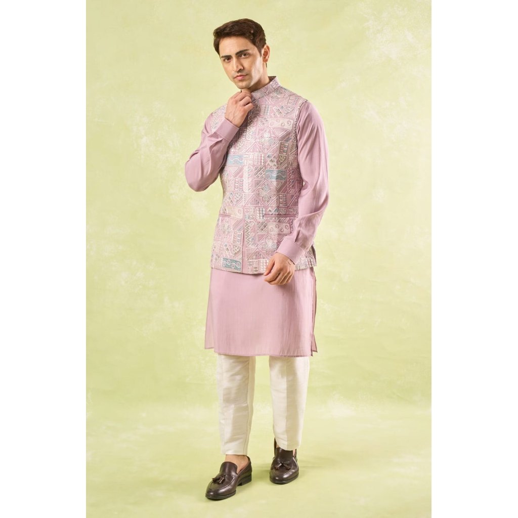 Mauve Embroidered Kurta-Bundi Set