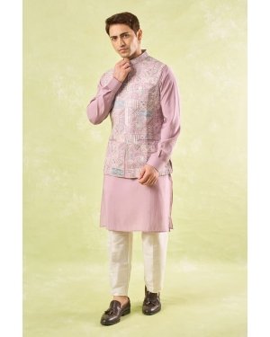 Mauve Embroidered Kurta-Bundi Set