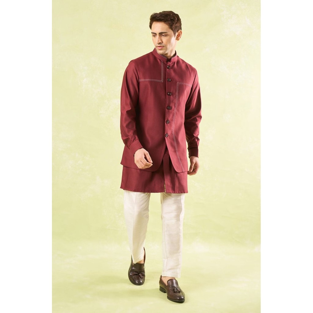 Maroon Running Stitch Kurta-Bundi S