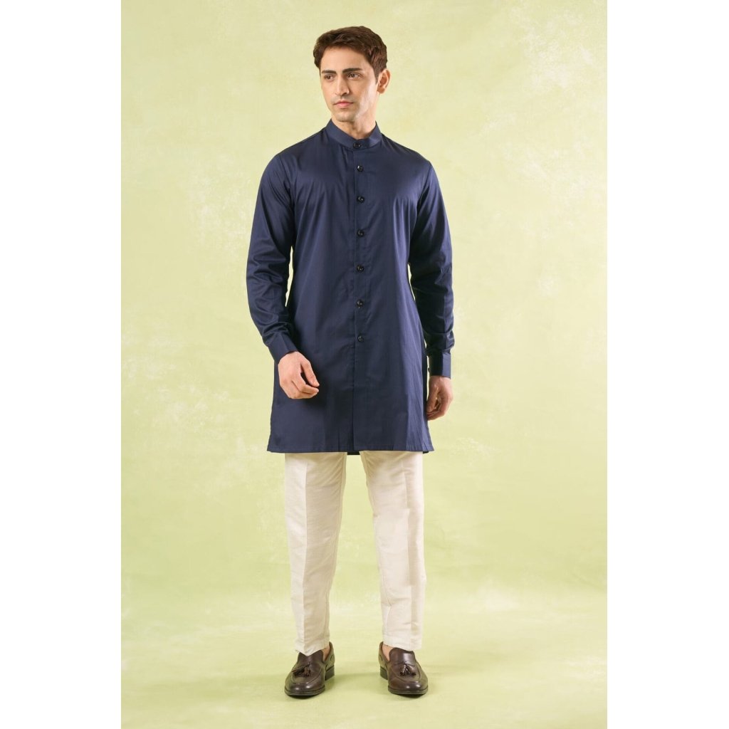 Navy Blue Running Stitch Kurta-Bund