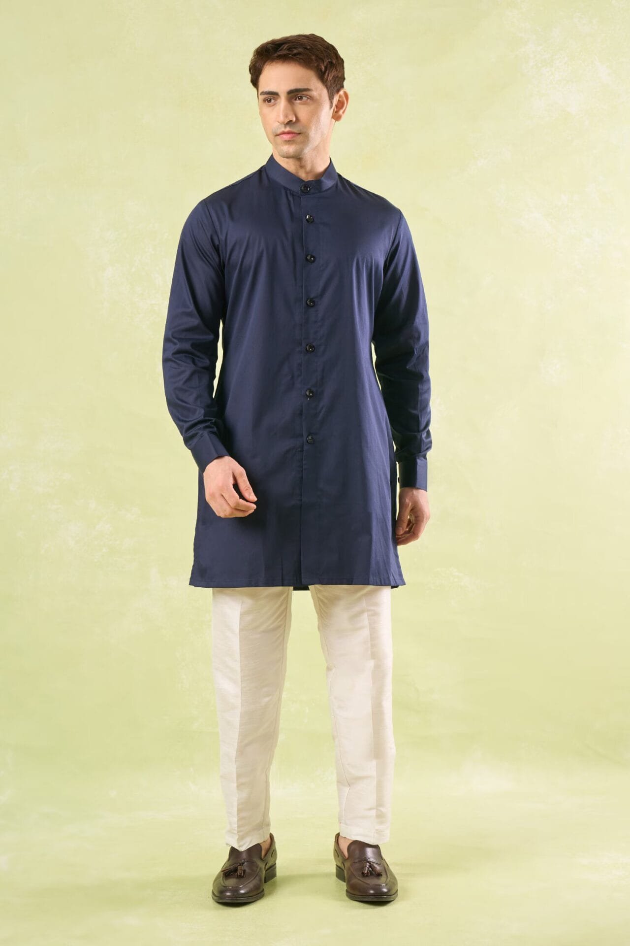 Navy Blue Running Stitch Kurta-Bund