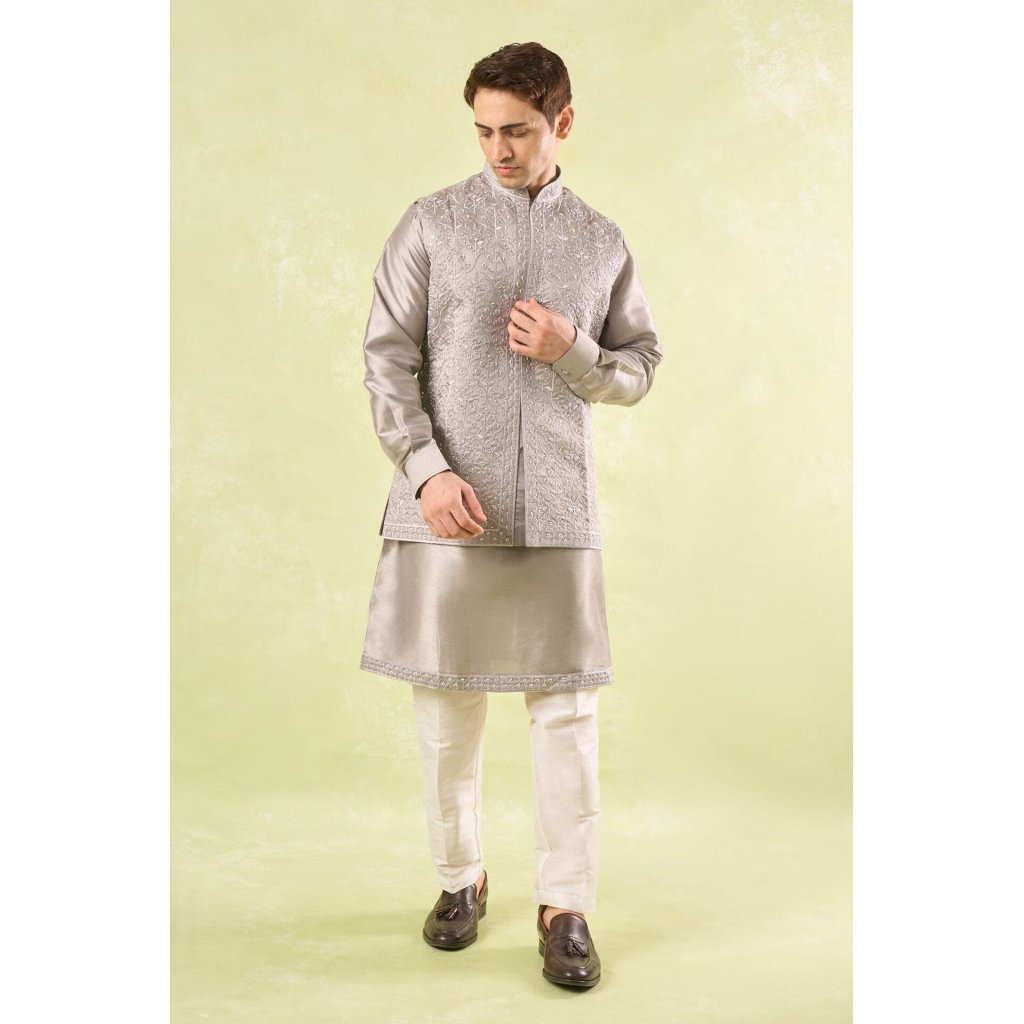 Grey Embroidered Kurta-Bundi Set