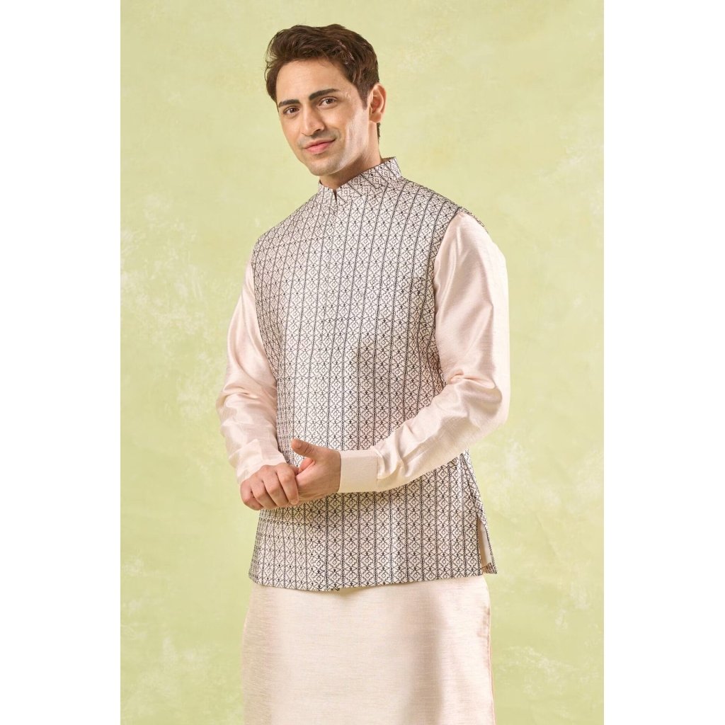 Peach Embroidered Kurta-Bundi Set