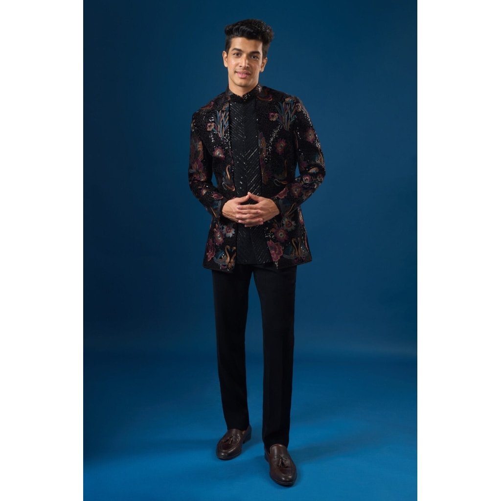 Coal Velour Bandhgala Set