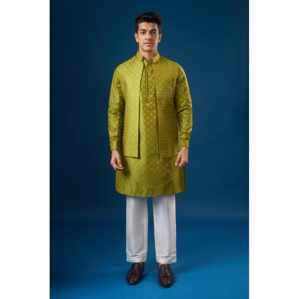 Olive Green Brocade Kurta-Bundi Set