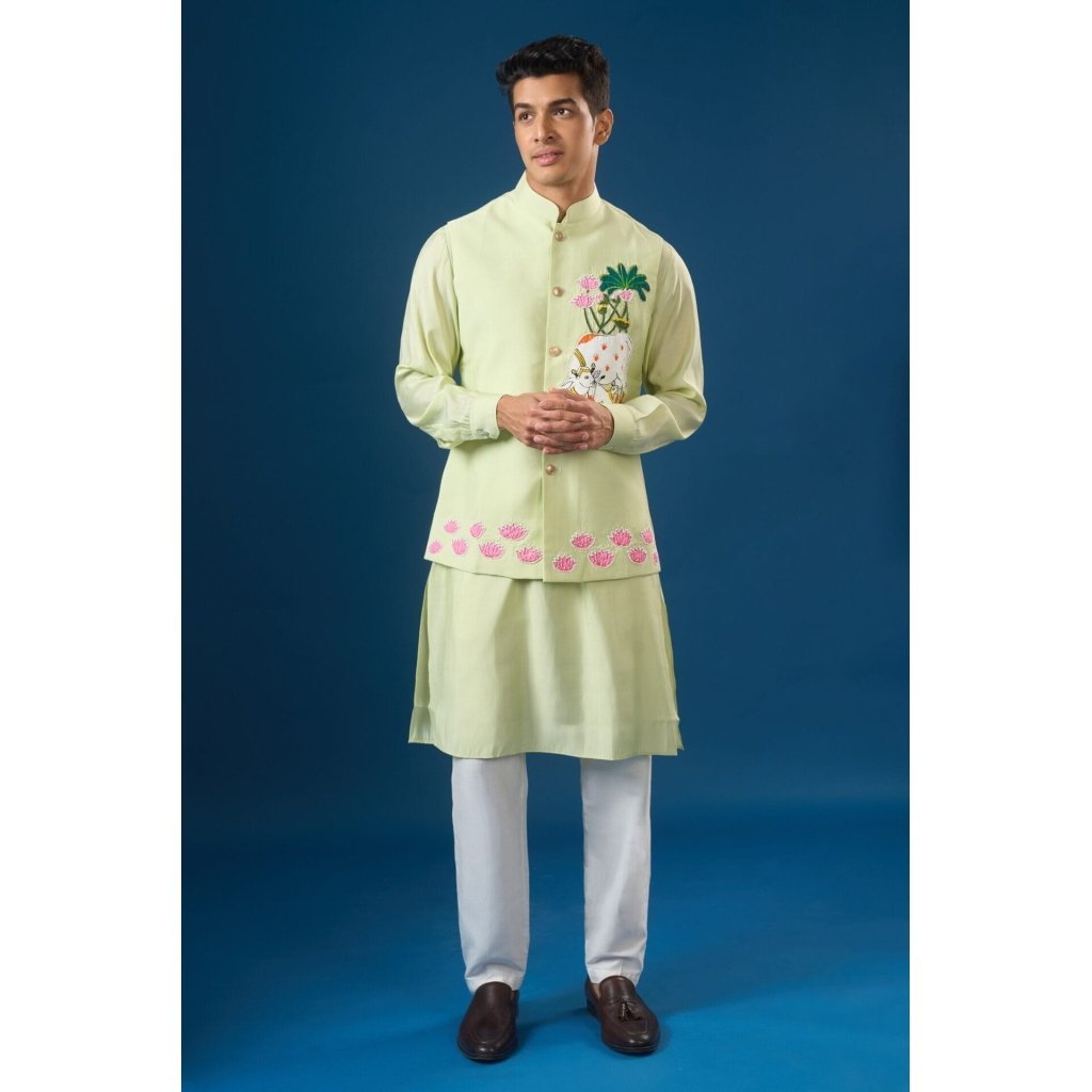 Pista Green Embroidered Kurta-Bundi