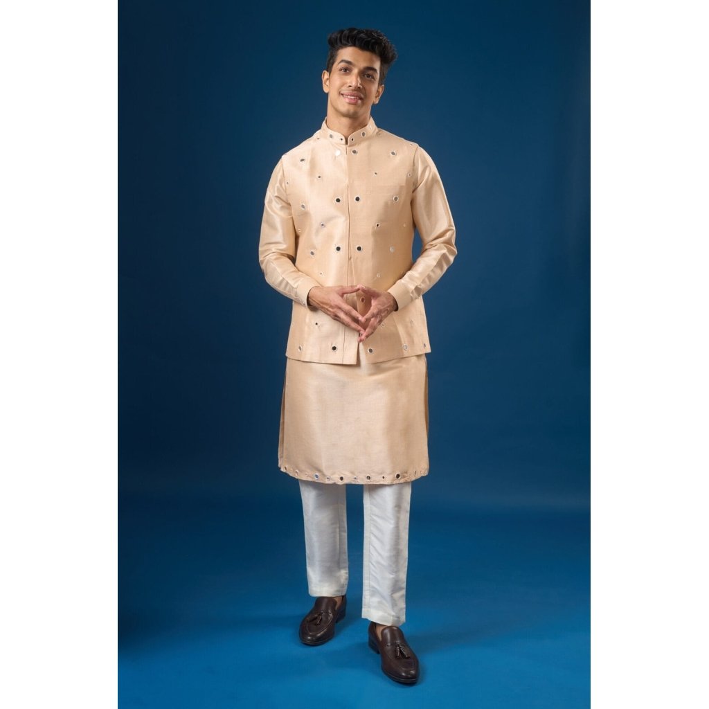 Peach Mirror Embroidered Kurta-Bund