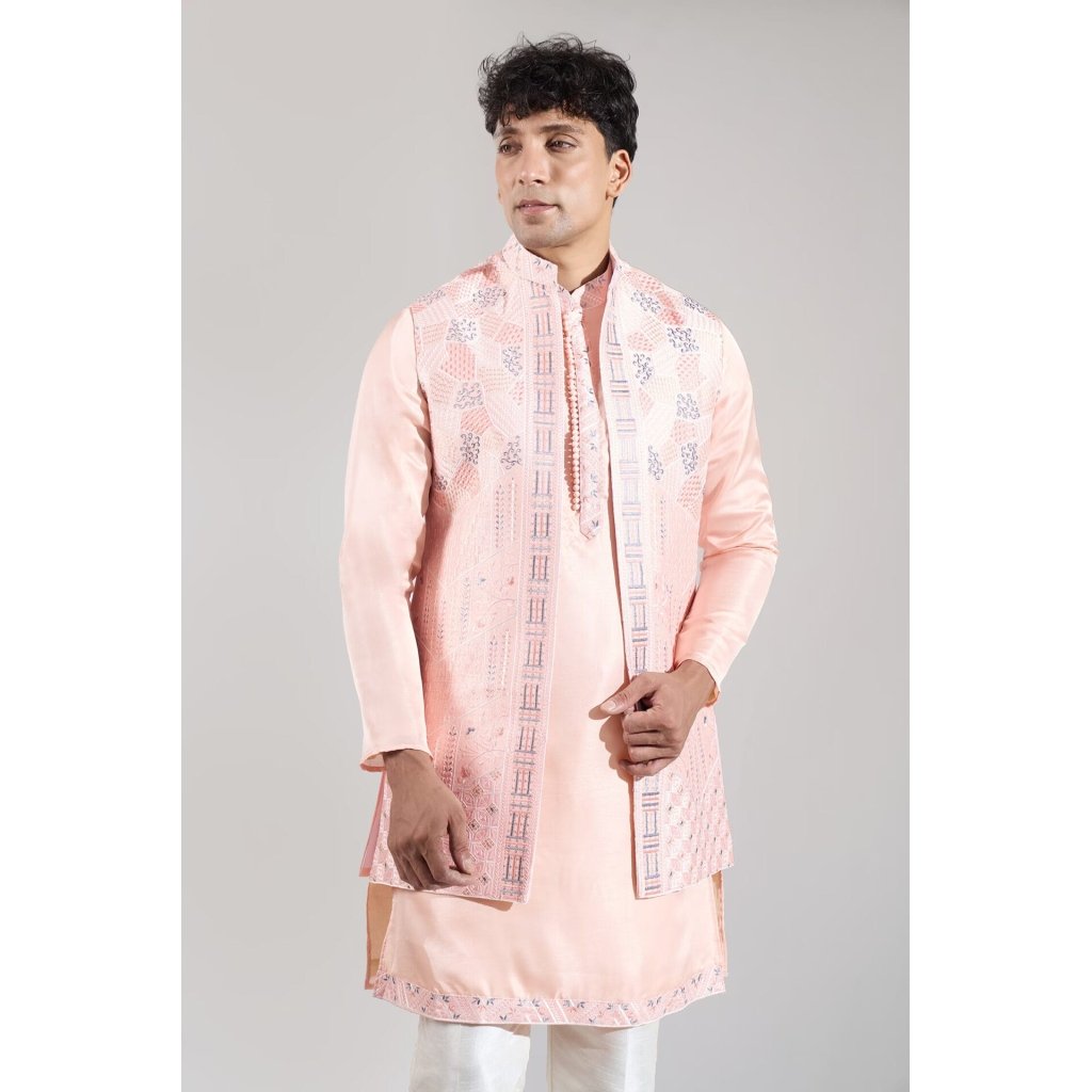 Peach Embroidered Kurta-Jacket Set