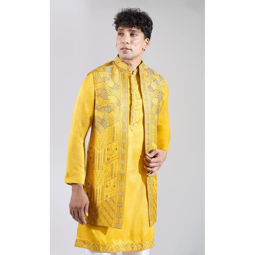 Yellow Embroidered Kurta-Jacket Set