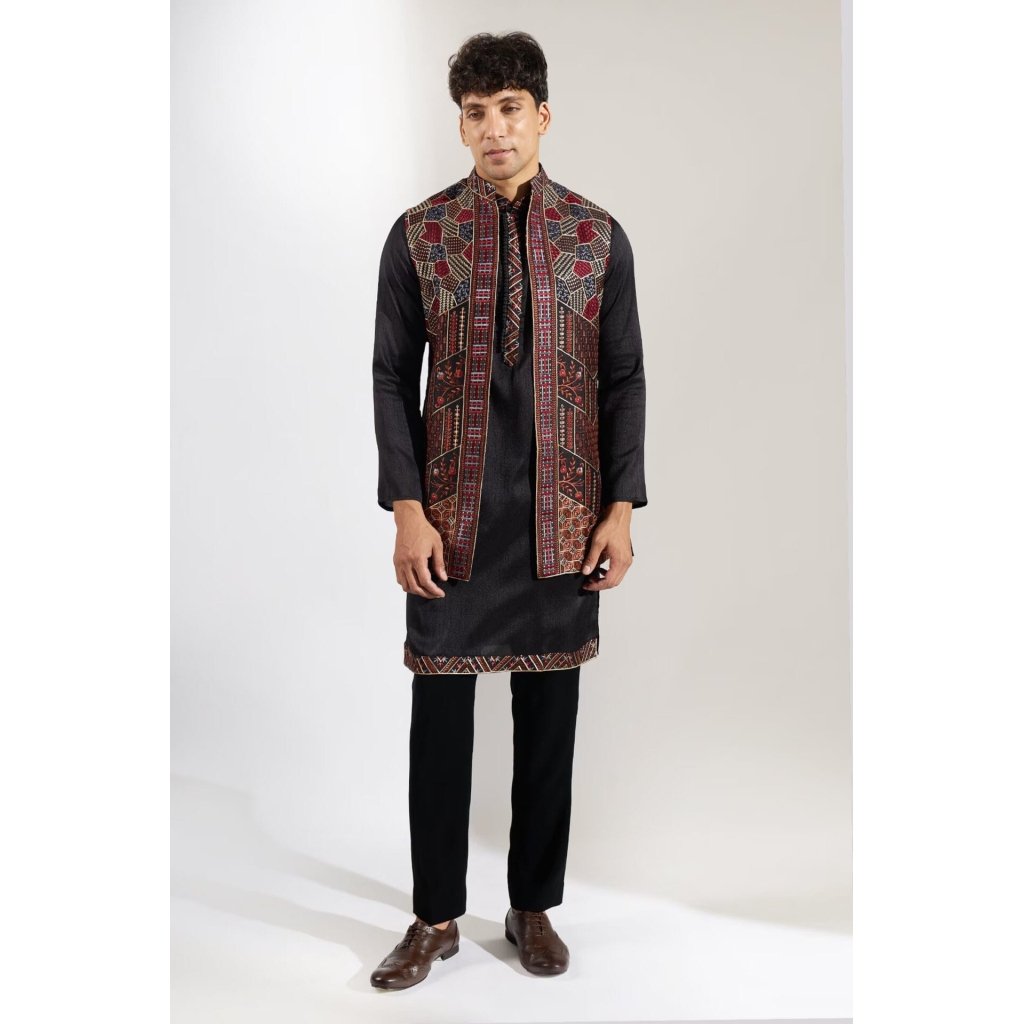 Dark Blue Embroidered Kurta-Jacket