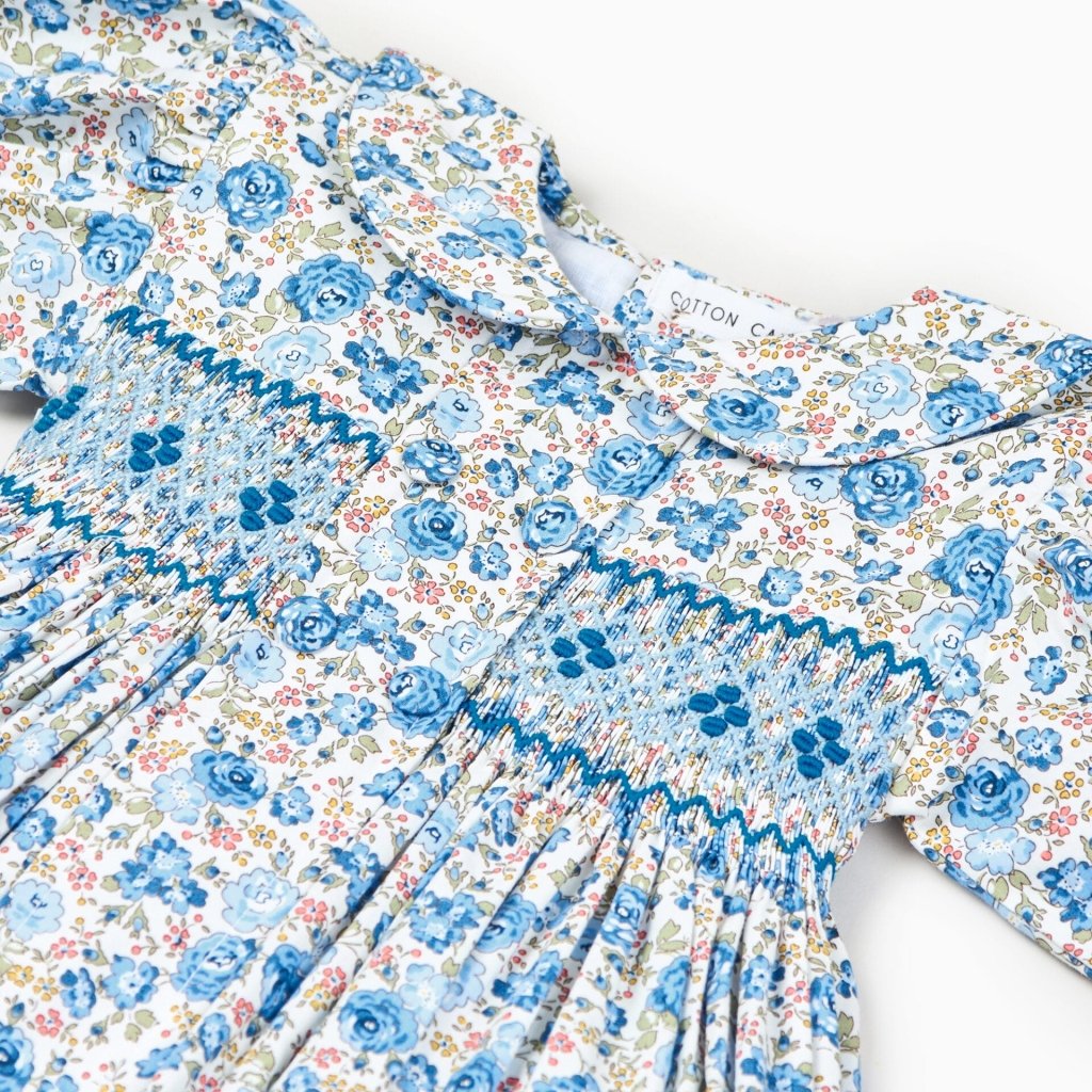 Ditsy Blue Roses Hand smocked Dress