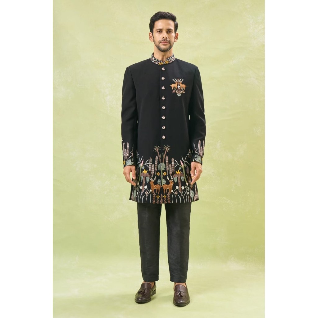 Black Wildlife Embroidered Achkan S