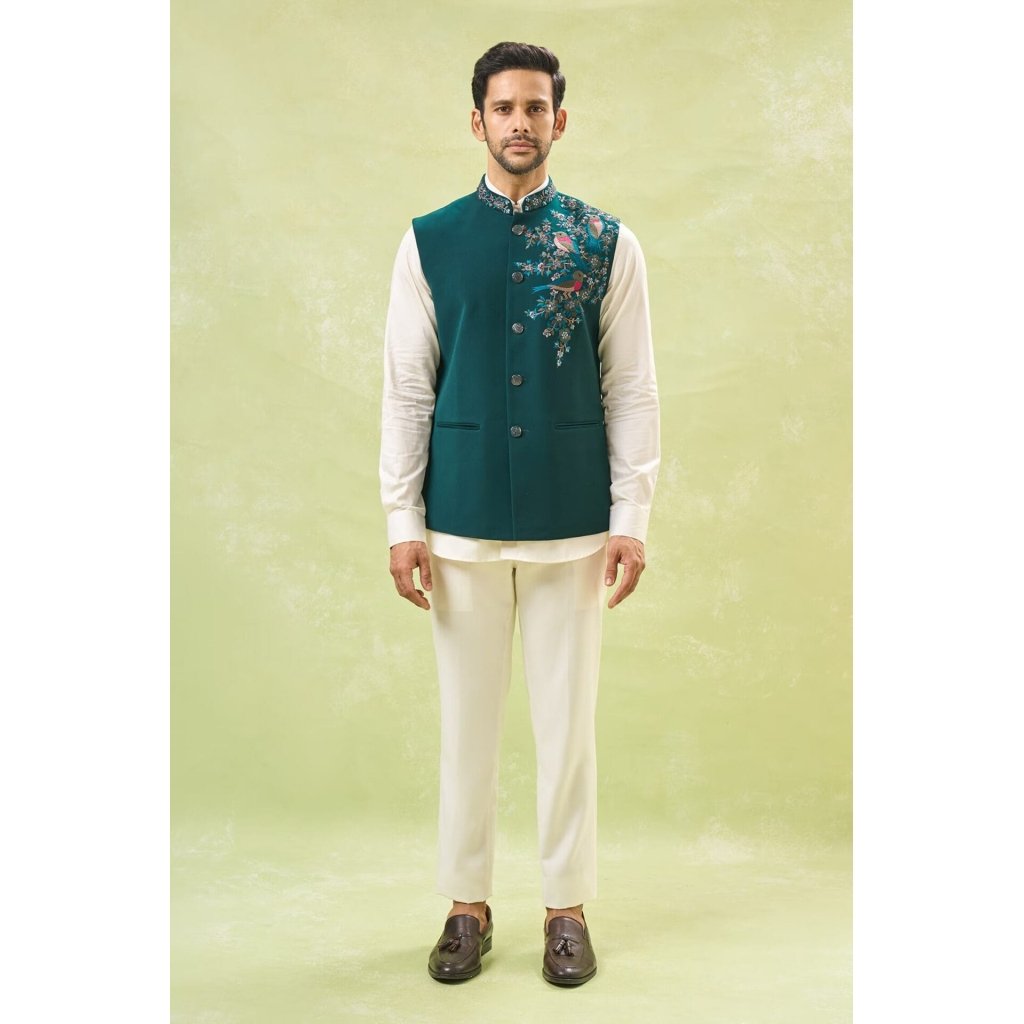 Teal Green Embroidered Nehru Jacket