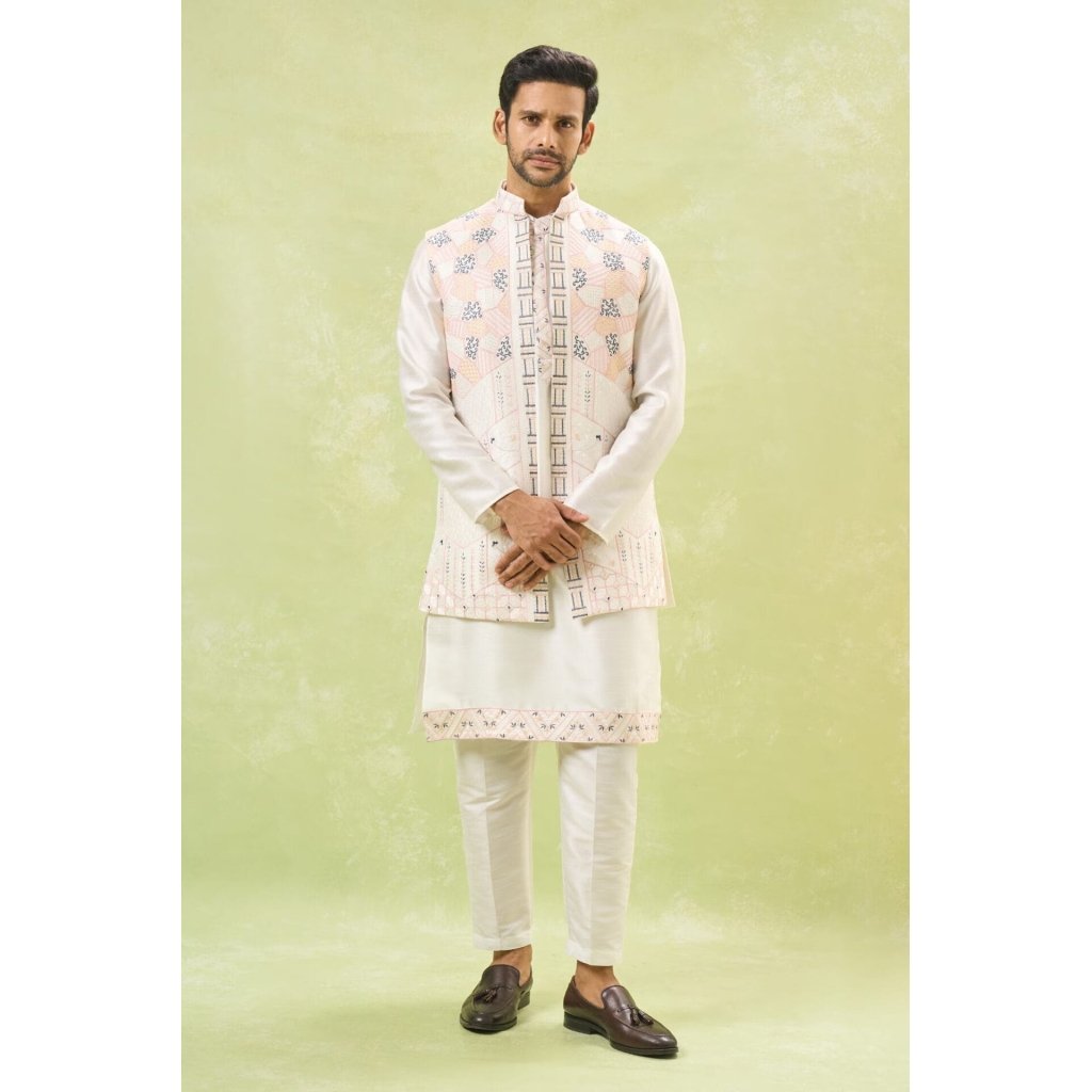 Off White Embroidered Kurta-Jacket Set