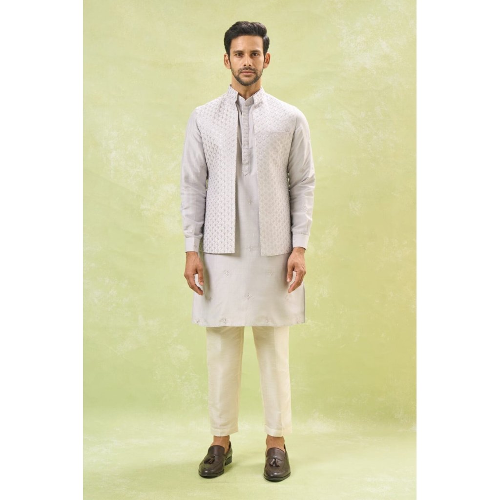 Grey Embroidered Kurta-Jacket Set