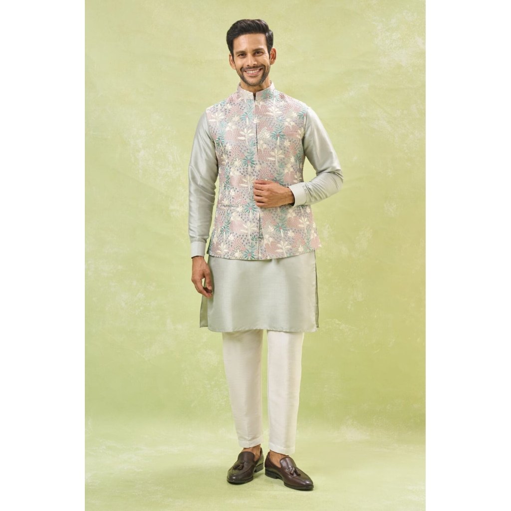 Grey Embroidered Kurta-Jacket Set