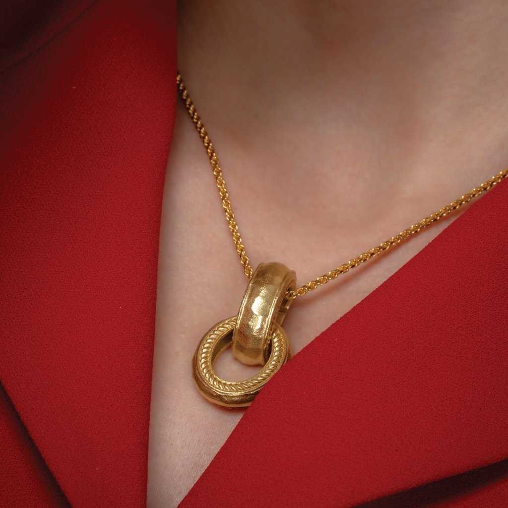 Twisted Rope Interloop Pendant Necklace – Twist Loop Ring Design, Handmade 22KT Real Gold Plated Brass Alloy Jewelry for Men & Women