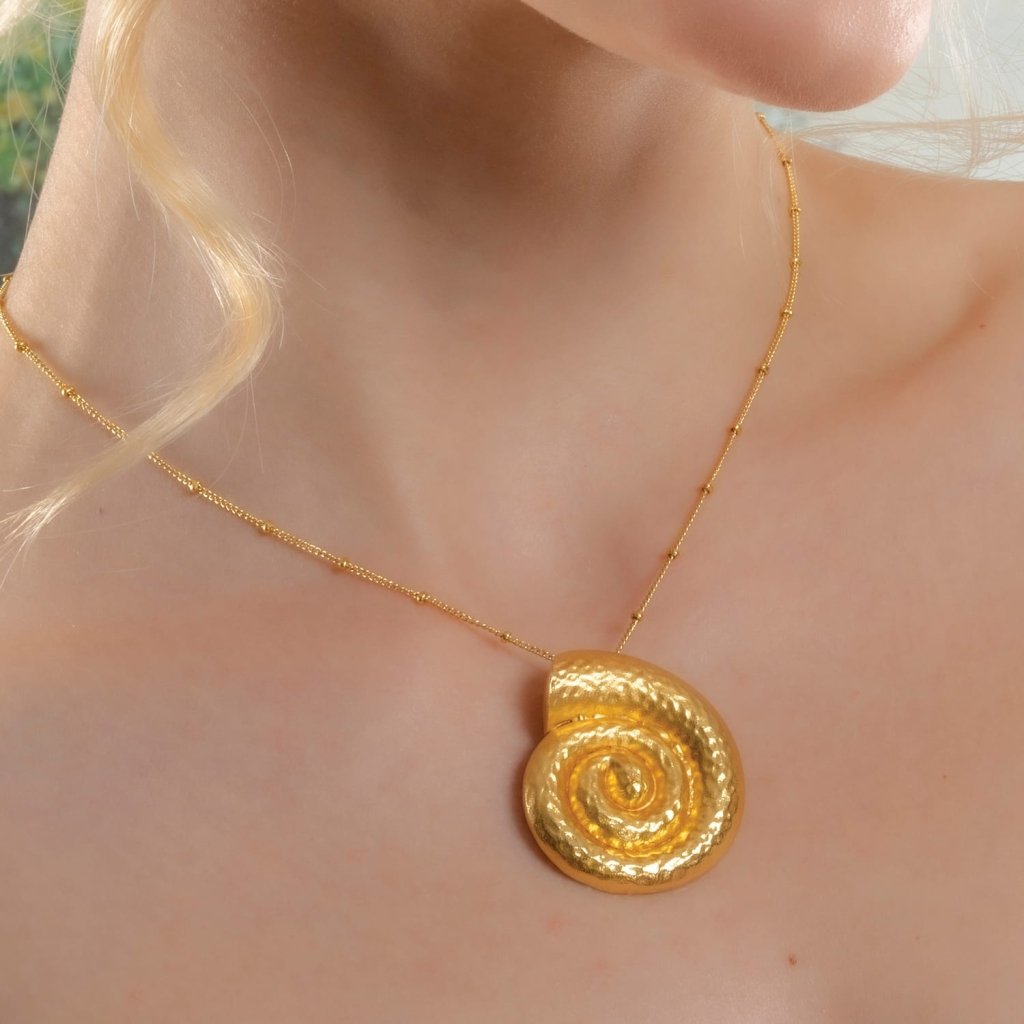 Textured Coral Shell Pendant Necklace – Sea Gold Spiral Pendant, Handmade 22KT Real Gold Plated Brass Alloy Jewelry, Elegant Coastal Statement Necklace for Women