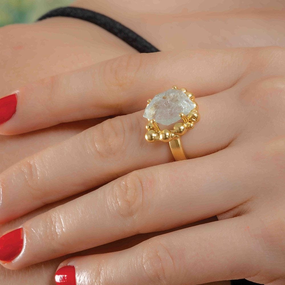 Aquamarine Sorcery Ring - 22KT Real Gold Plating on Premium Brass Alloy - Elegant Aquamarine Jewelry for Women