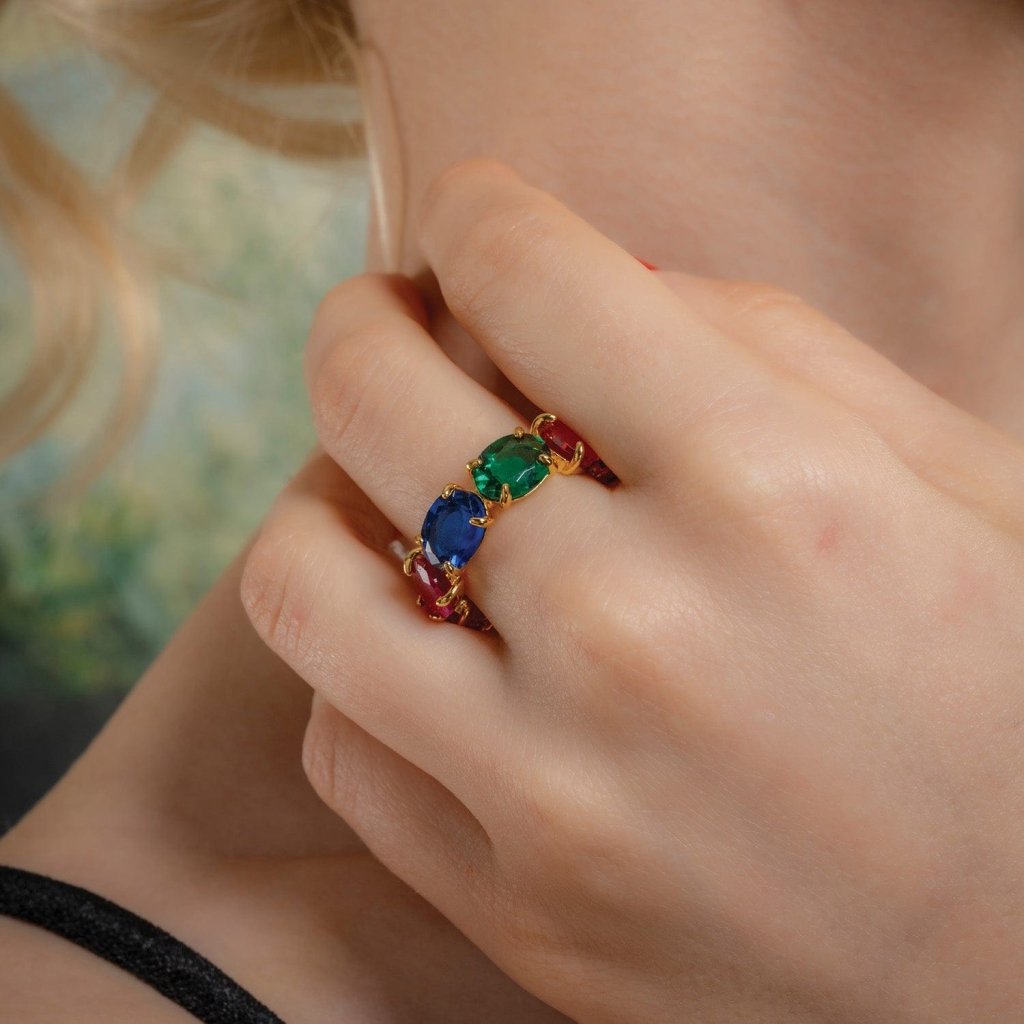 Multihued Crescendo Rainbow Eternity Ring in 22KT Gold Plated Brass | Colorful Luxury Band for Women