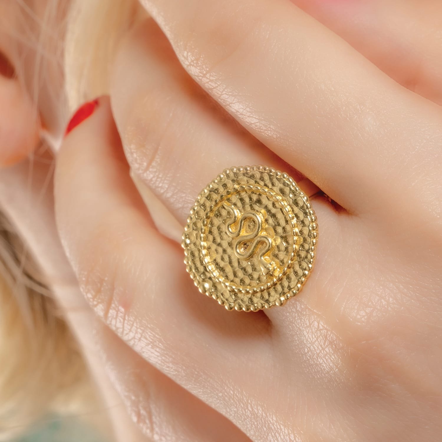Embossed Snake Coin Ring – 22KT Gold Plated Coin Ring with Snake Design | Chinese Zodiac Jewelry, Premium Brass Alloy