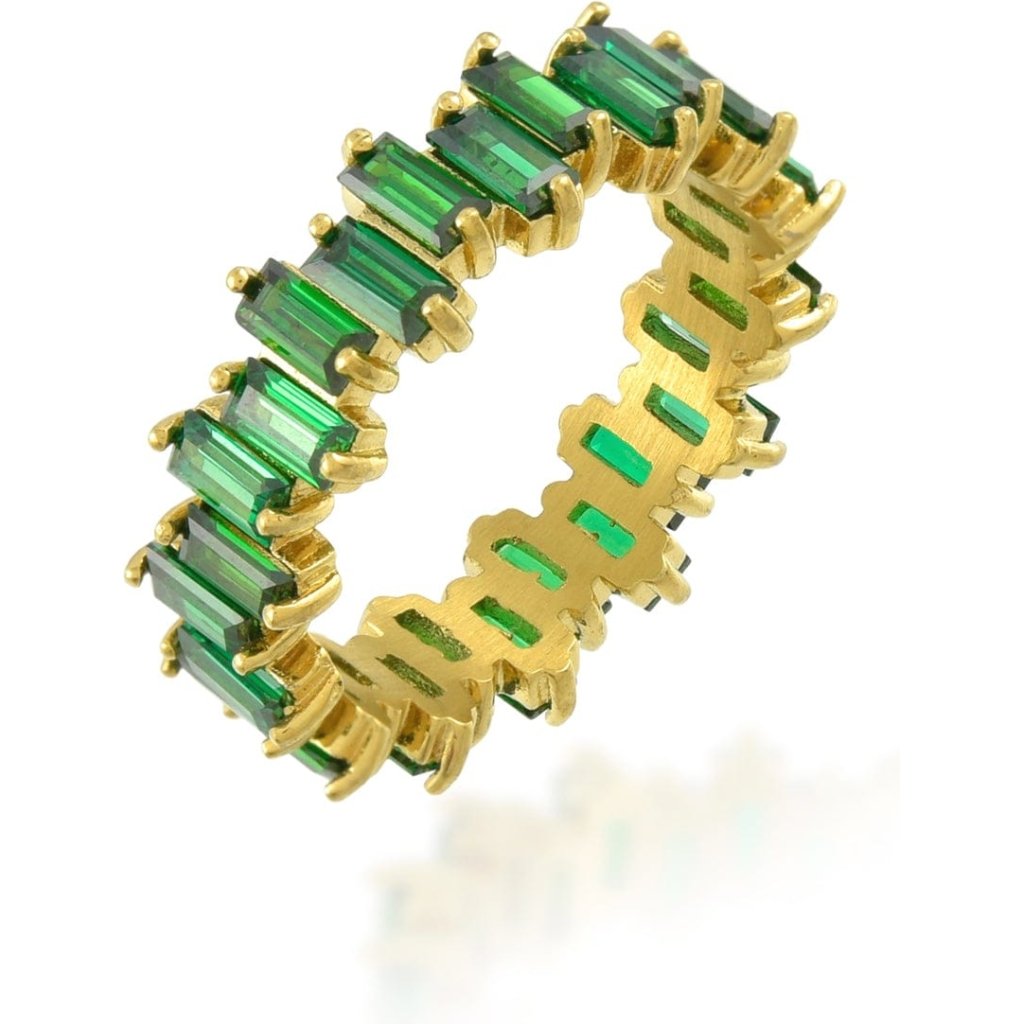 Green Zircon Eternity Ring – 22K Gold Plated Emerald Green Sparkling Band for Women, Premium Brass Alloy Handcrafted Jewelry