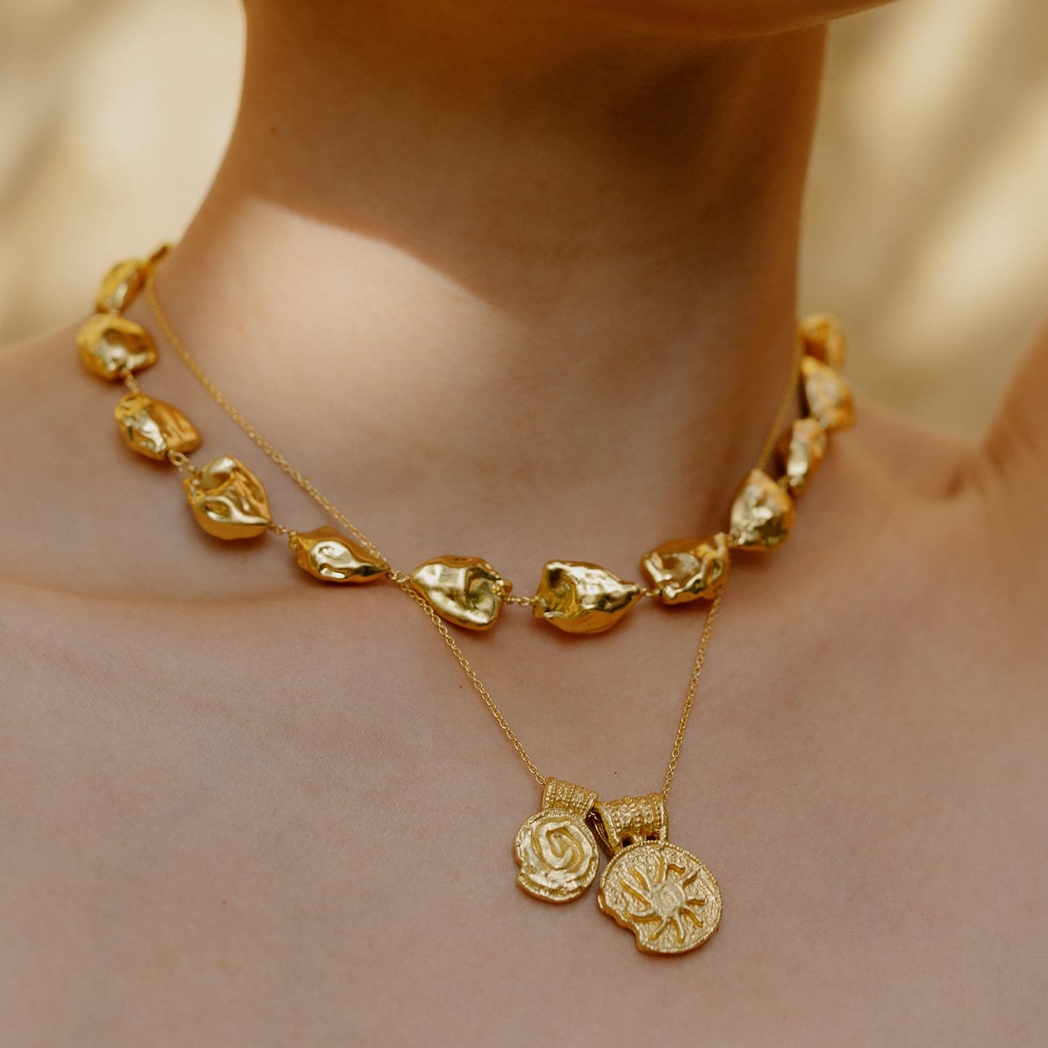 Women Asymmetrical Nugget Necklace – Handmade 22KT Real Gold Plated Brass Alloy Jewelry, Contemporary Minimal Statement Necklace for Women