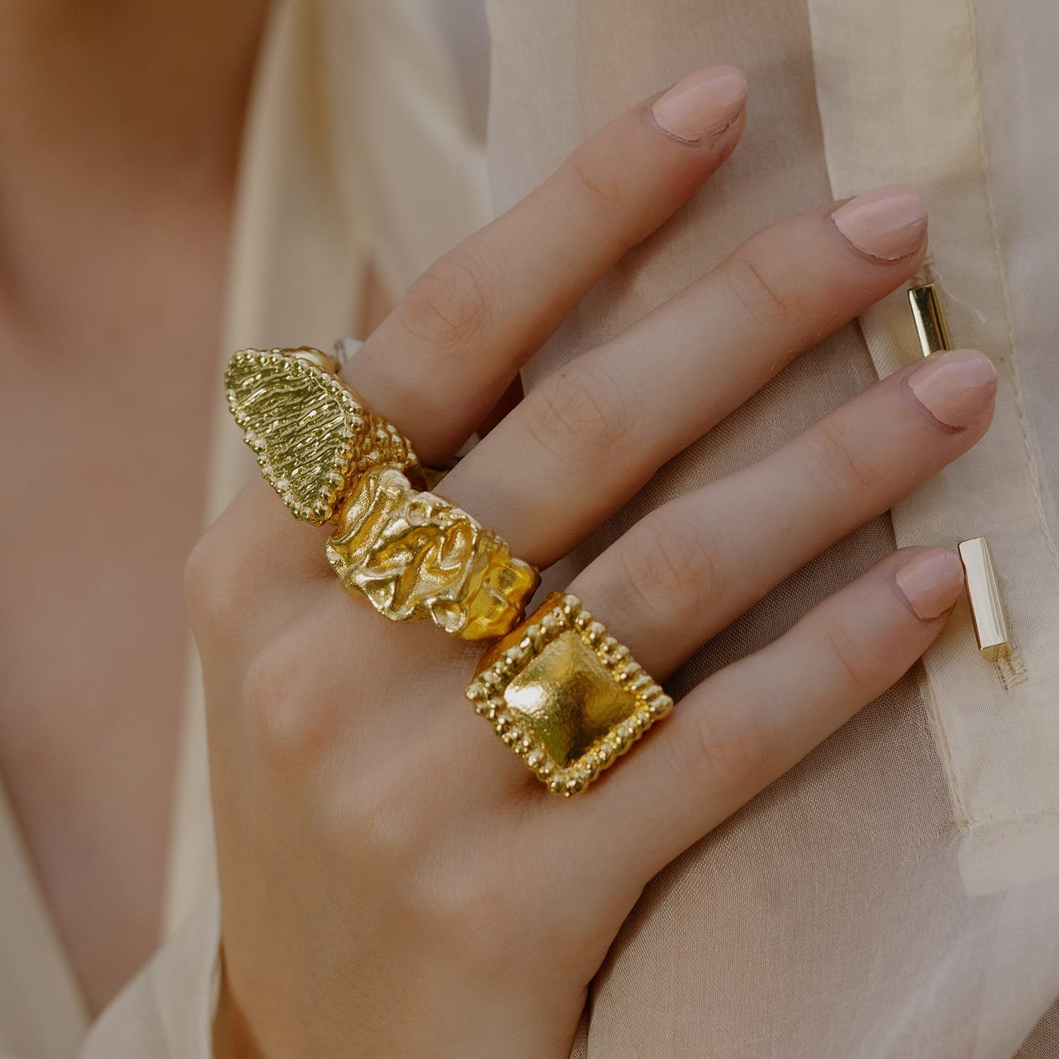 Textured Terrain Signet Ring – Handmade Chunky Square Ring for Men & Women, 22KT Gold Plated Premium Brass Alloy, Modern Statement Jewelry