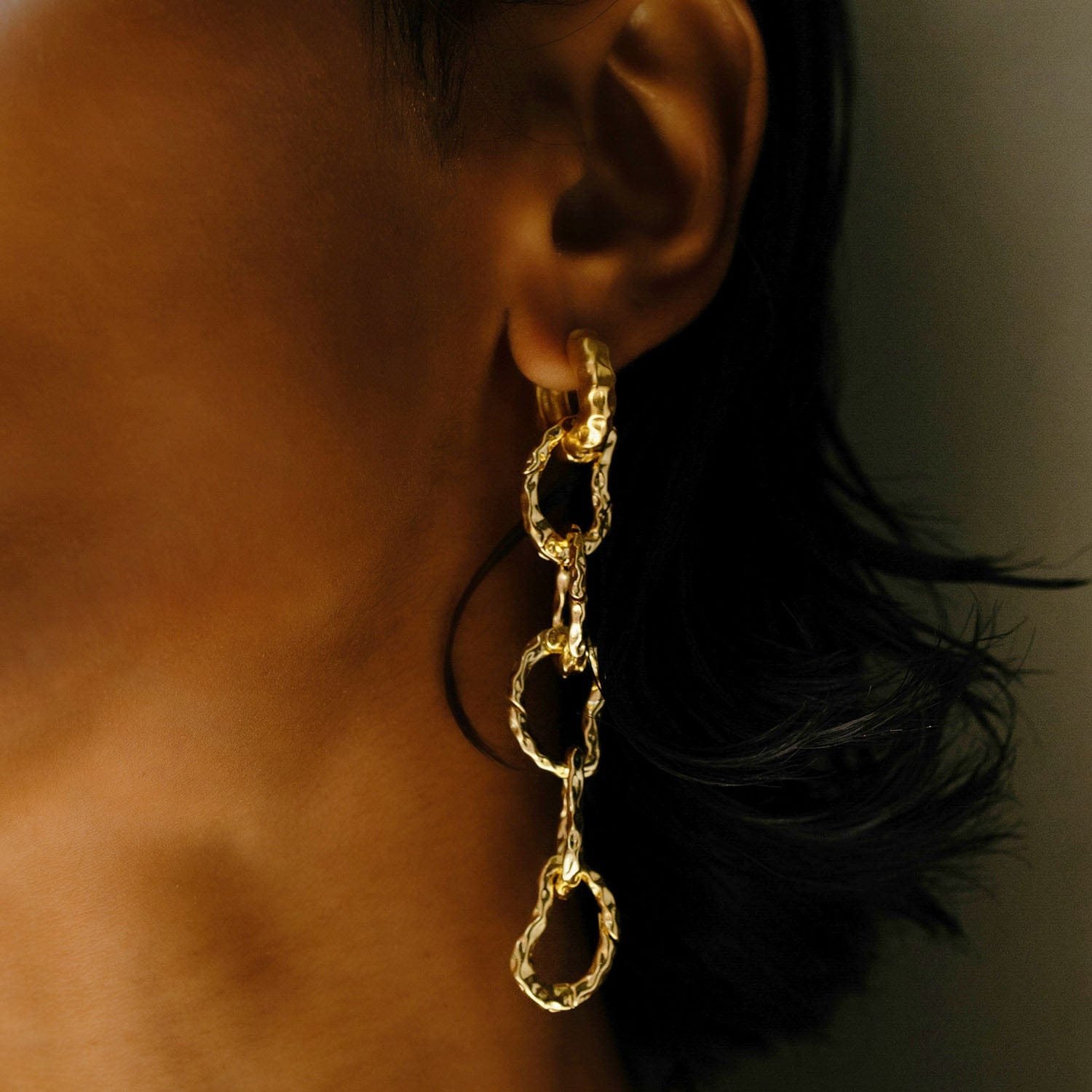 Fortress Link Earrings for Women - 22KT Real Gold Plated 925 Sterling Silver Textured Rectangular Link Drop Earrings, Hypoallergenic Bold Geometric Jewelry for Girls & Anniversary Gift