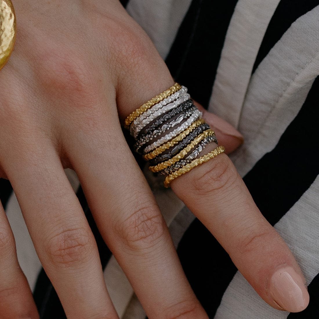 Gold Plated Granulated Multitone Stack Ring – 22KT Real Gold Plating on Premium Brass Alloy | Multi-Coloured Stackable Rings, Granulated Design