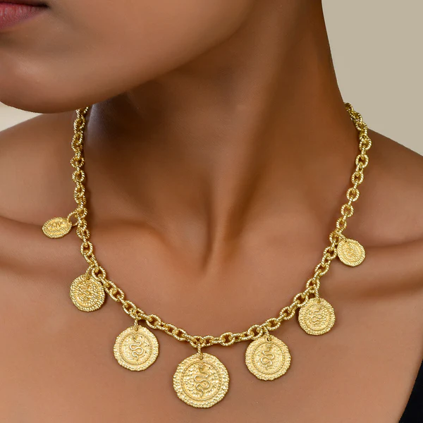 Medallion of the Serpent Strand Necklace - 22KT Gold Plated Multi-Charm Premium Brass Necklace