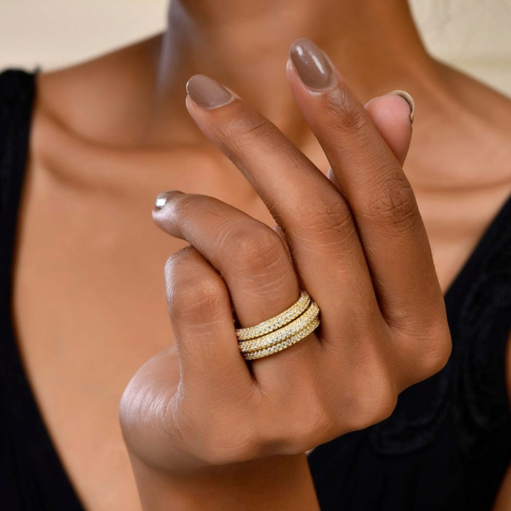 Glitzy Star Studded Eternity Band Ring in 22KT Gold Plated Brass | Luxury Statement Ring for Women