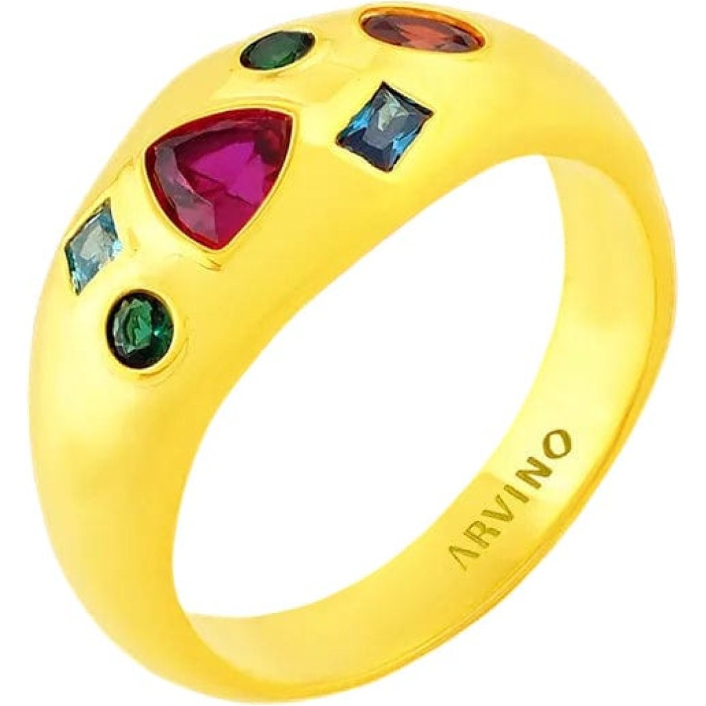 Bezel Bounty Multi-Stone Ring – Sparkling Cubic Zirconia Statement Band, 22KT Gold Plated Minimalist Ring for Women, Elegant Everyday Jewelry Gift