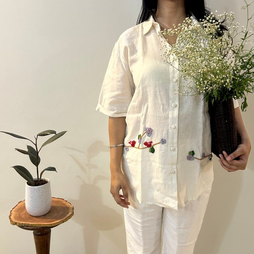 White Serene Stich Linen Shirt 
