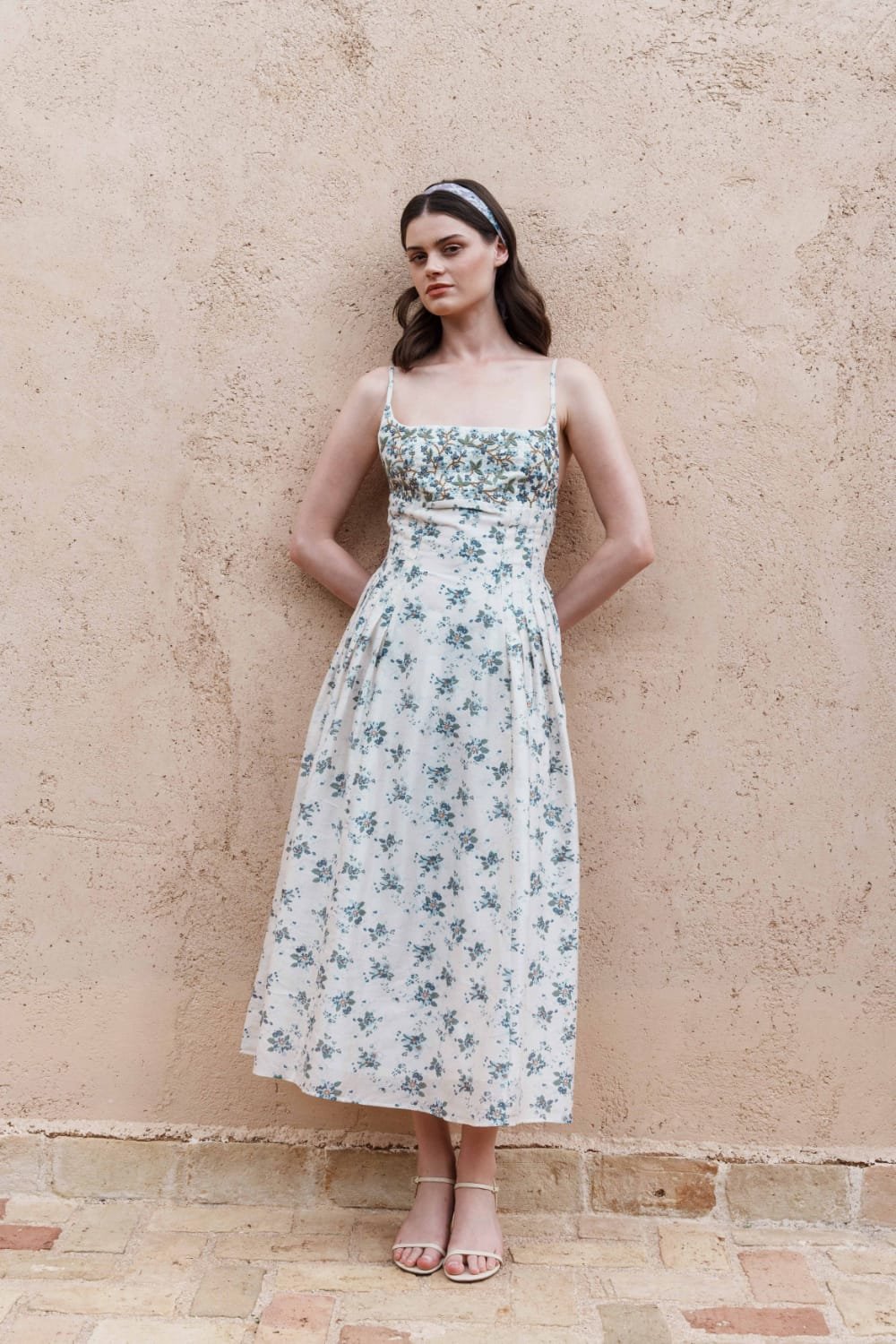 Ecru chanderi floral printed and pl