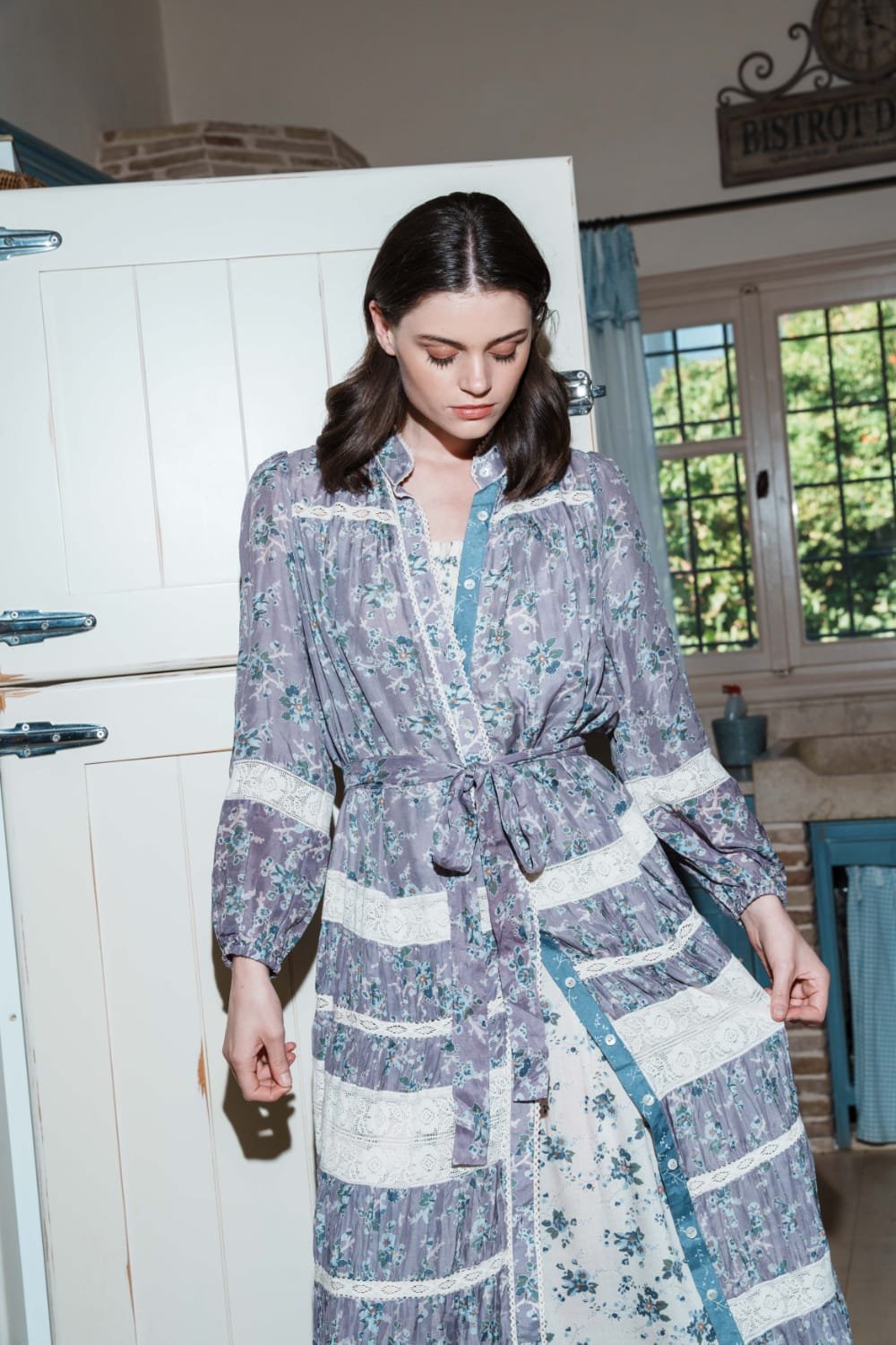 Lilac floral printed with lace inse