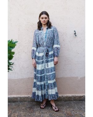 Lilac floral printed with lace insert front open dress with tie up belt