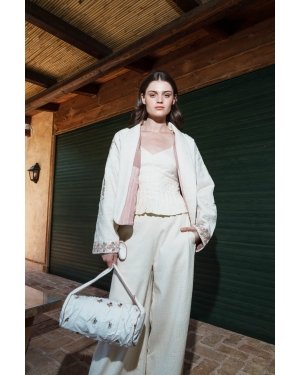 Ecru cotton rose lace quilted tree of life jacket with embroidered borders