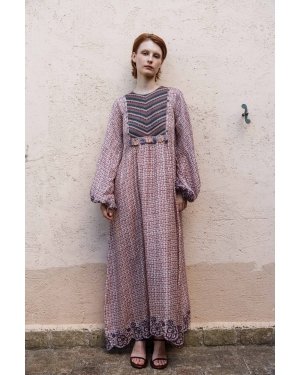 Onion pink printed maxi with embroidered yoke and schfflie hemline