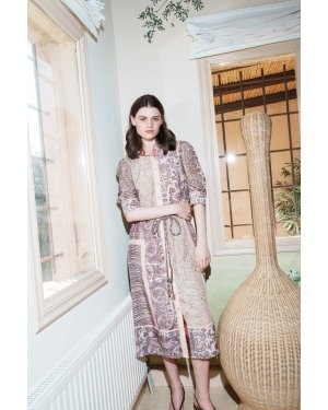 Salmon splcied multi-printed shirt dress with belt