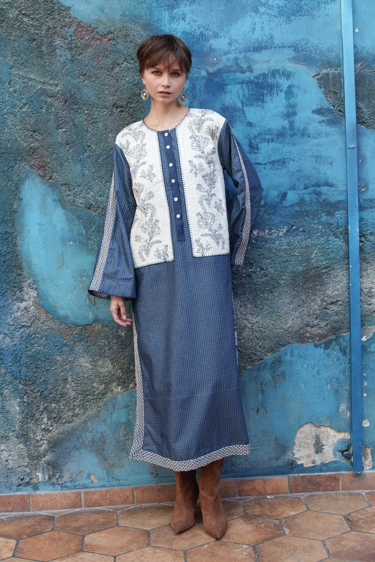Blue denim kaftan tunic with embroi