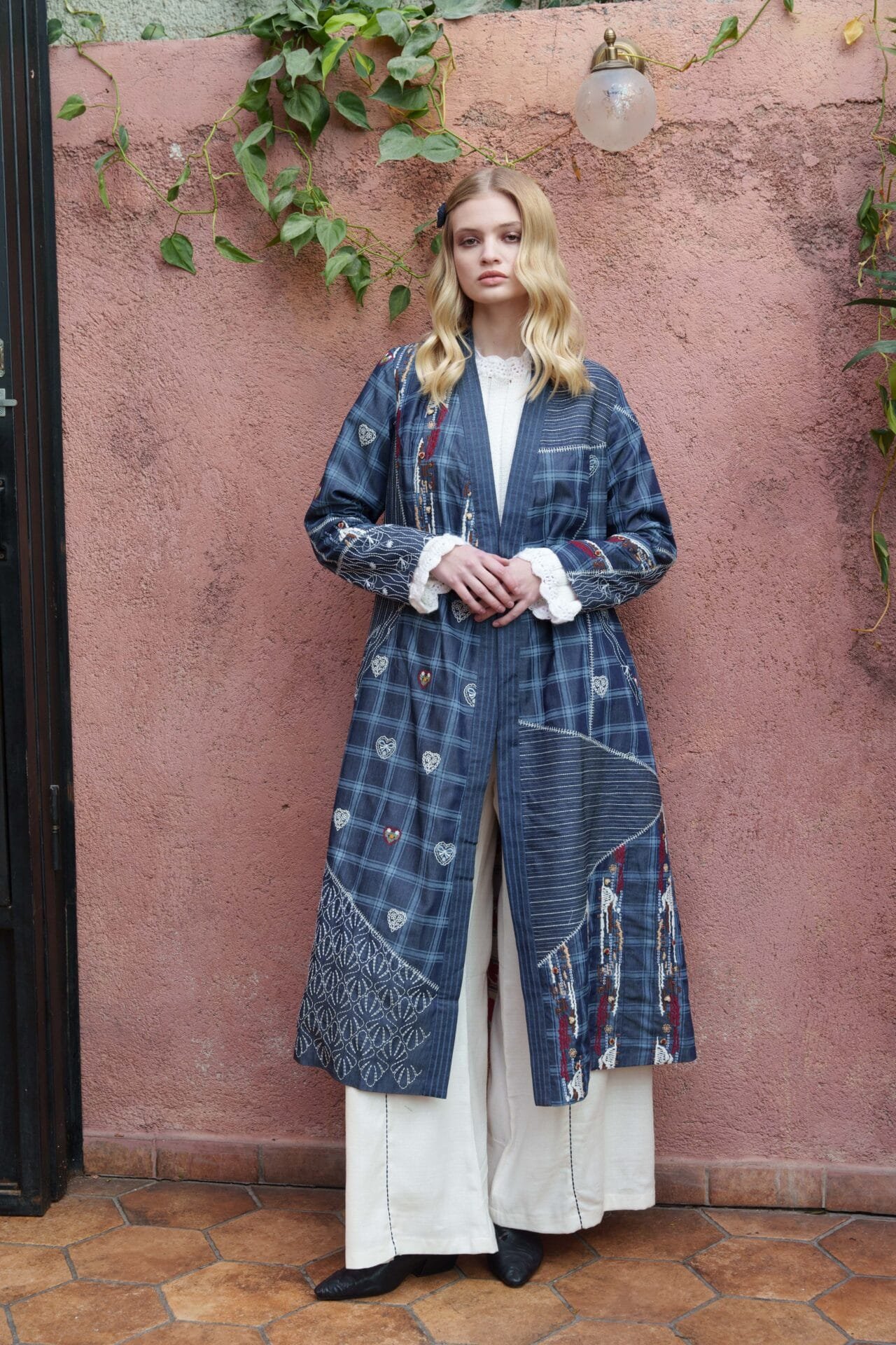 Blue denim printed and embroidered