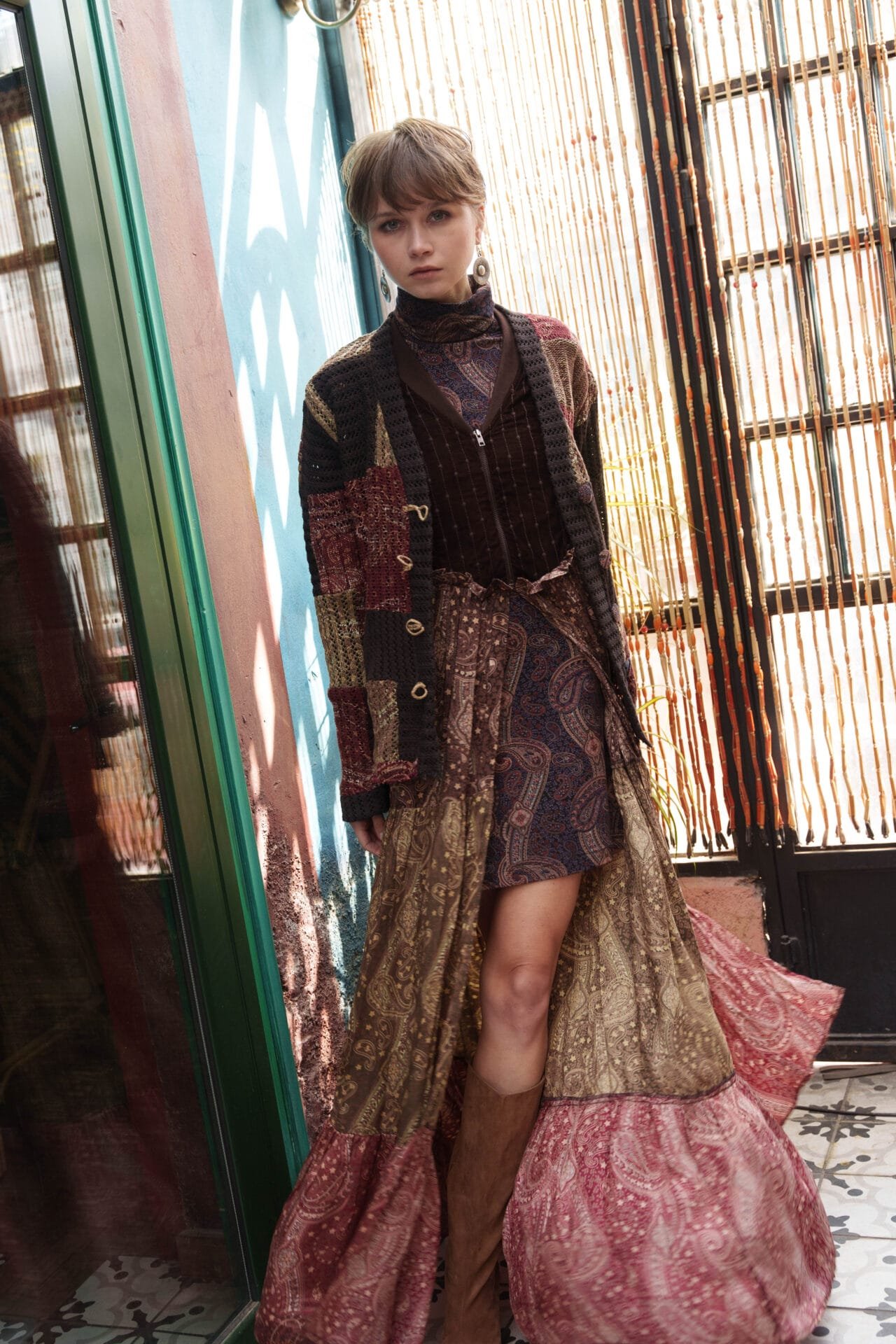 Brown, olive and red satin front op